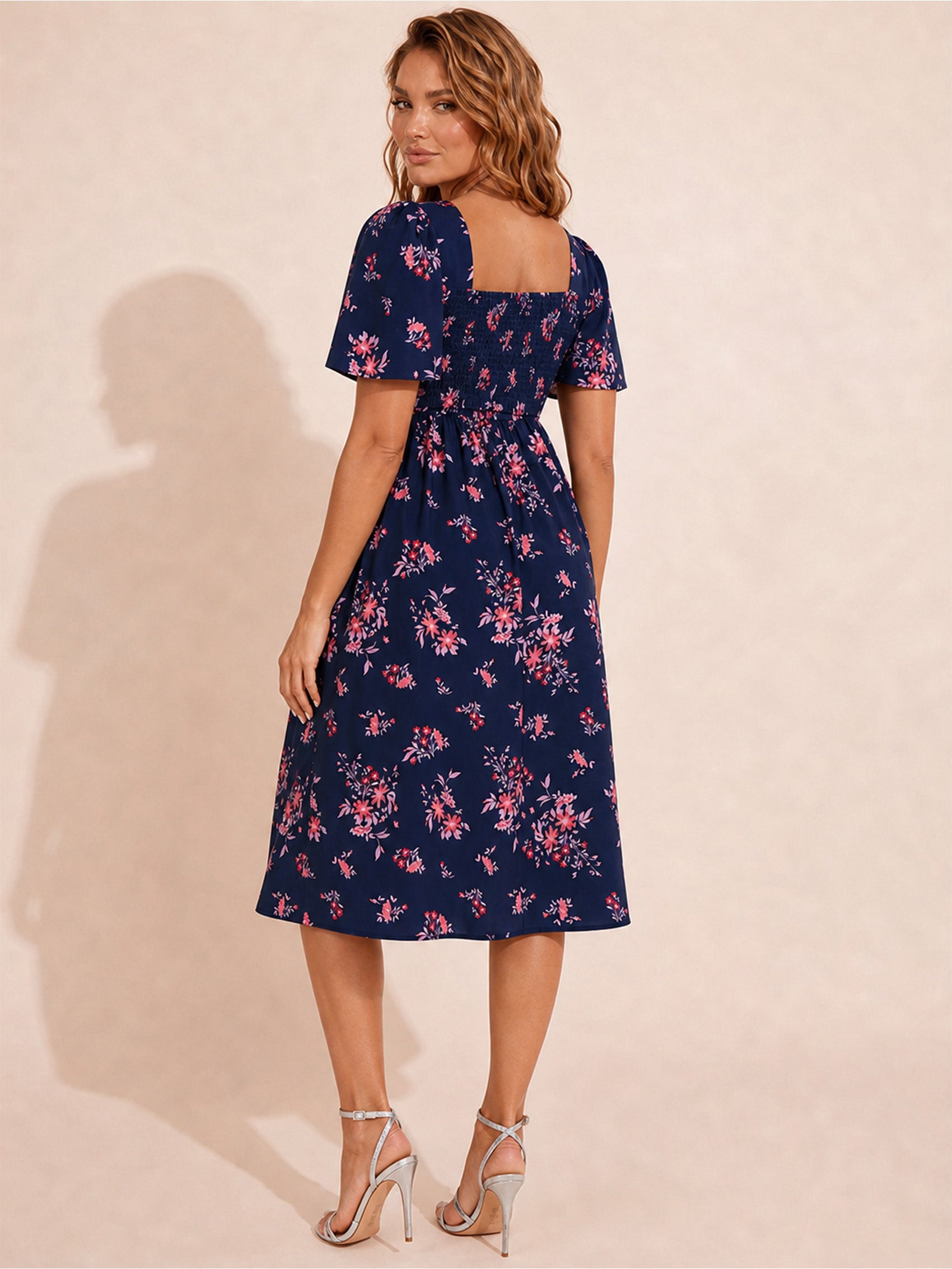 Square Neck Ditsy Floral Midi Dress in Navy