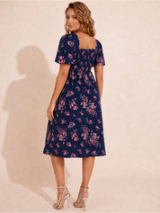 Square Neck Ditsy Floral Midi Dress in Navy