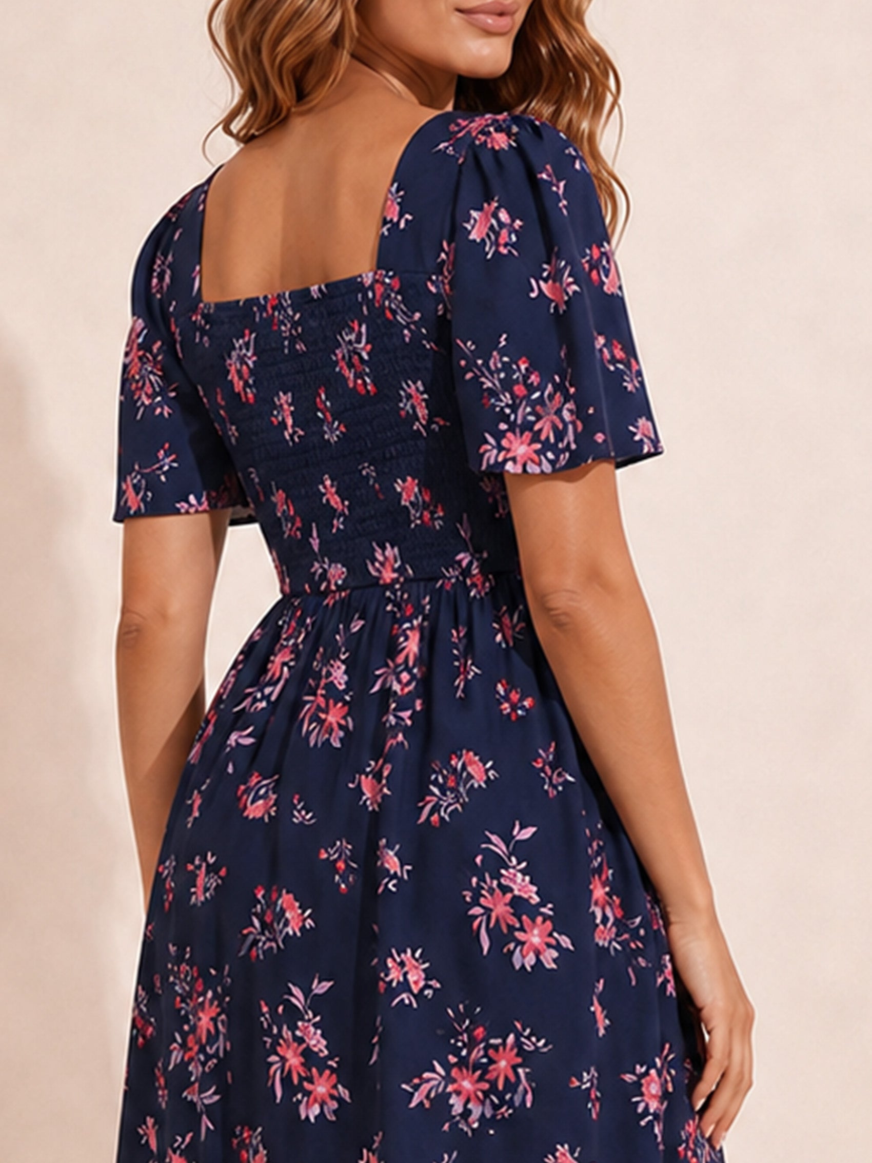 Square Neck Ditsy Floral Midi Dress in Navy