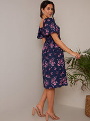 Petite Square Neck Ditsy Floral Midi Dress in Navy