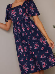 Petite Square Neck Ditsy Floral Midi Dress in Navy