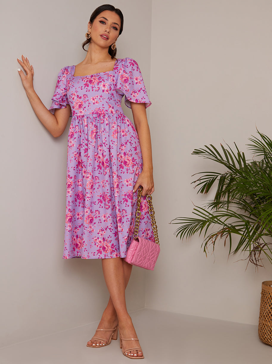 Square Neck Ditsy Floral Midi Dress in Purple
