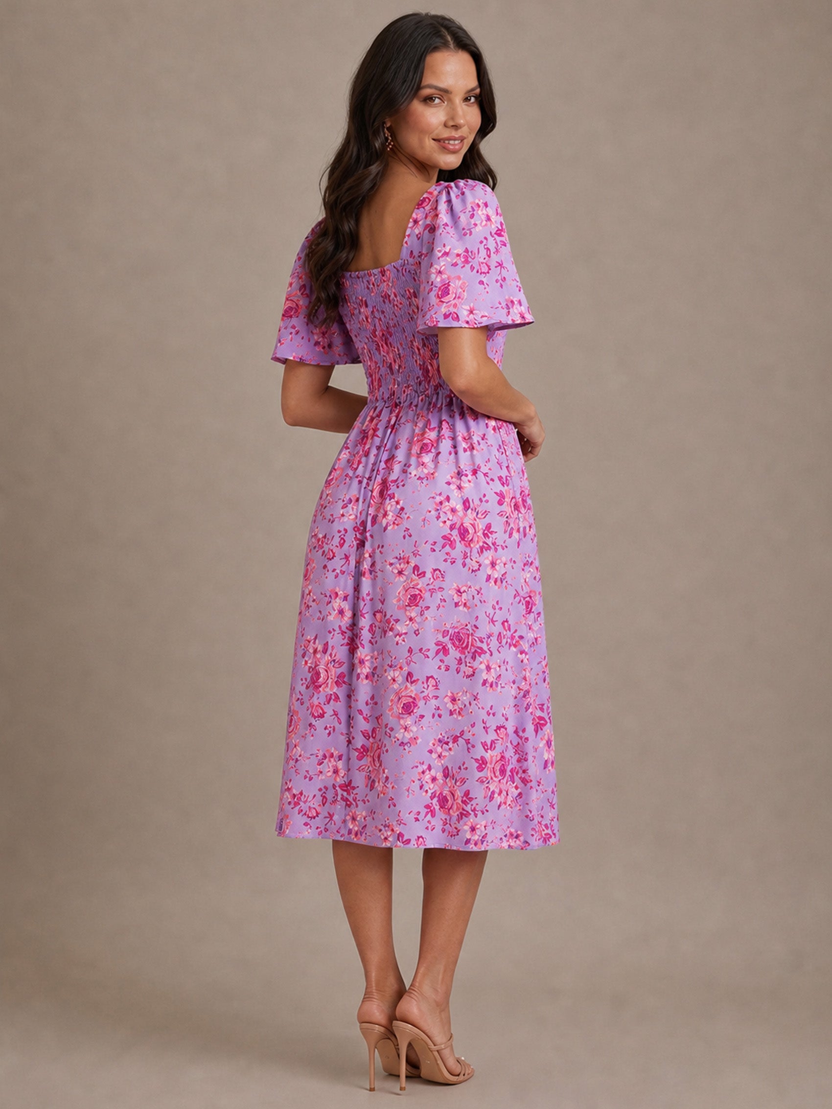 Square Neck Ditsy Floral Midi Dress in Purple