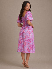 Square Neck Ditsy Floral Midi Dress in Purple