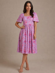 Square Neck Ditsy Floral Midi Dress in Purple