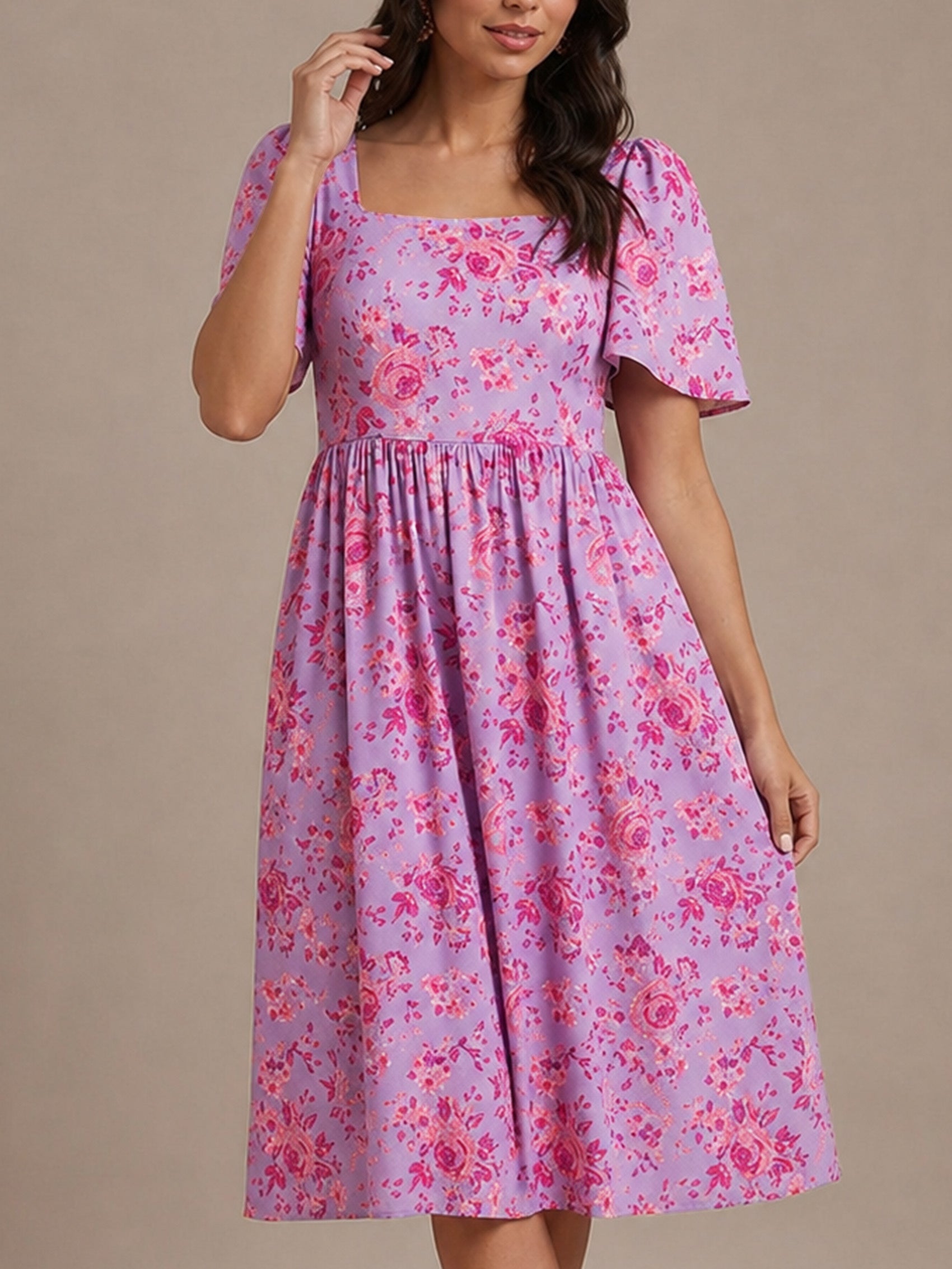 Square Neck Ditsy Floral Midi Dress in Purple