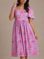 Square Neck Ditsy Floral Midi Dress in Purple