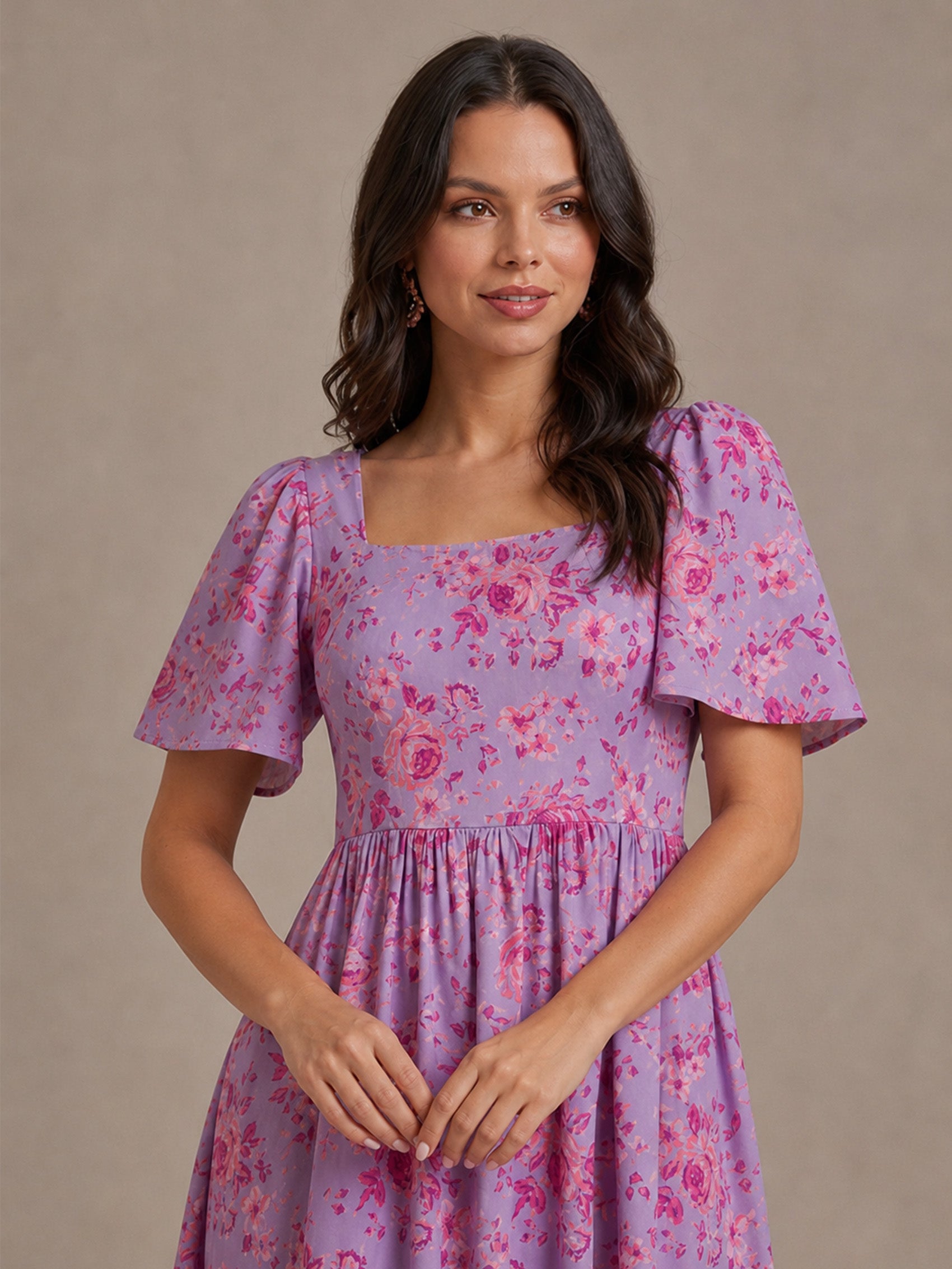 Square Neck Ditsy Floral Midi Dress in Purple
