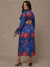 Plus Size Long Sleeve V Neck Floral Print Dress in Navy