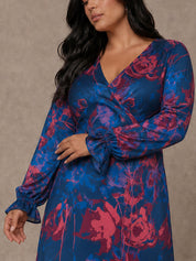 Plus Size Long Sleeve V Neck Floral Print Dress in Navy