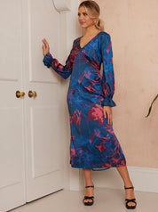Long Sleeve V Neck Floral Print Dress in Navy
