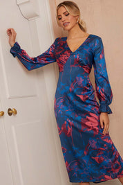 Long Sleeve V Neck Floral Print Dress in Navy