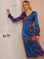 Long Sleeve V Neck Floral Print Dress in Navy