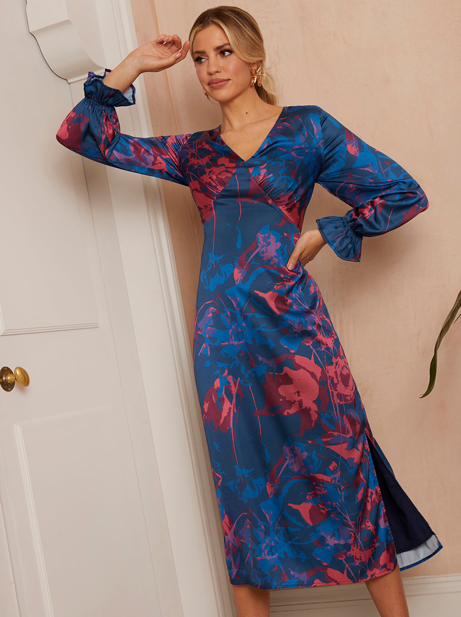 Long Sleeve V Neck Floral Print Dress in Navy