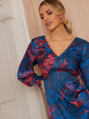 Long Sleeve V Neck Floral Print Dress in Navy