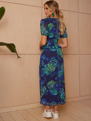 Puff Sleeve Ruflle Detail Floral Midi Dress in Navy