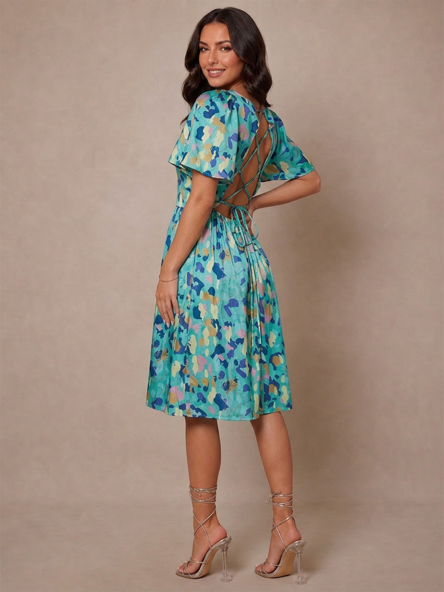 Square Neck Abstract Satin Mini Dress in Green