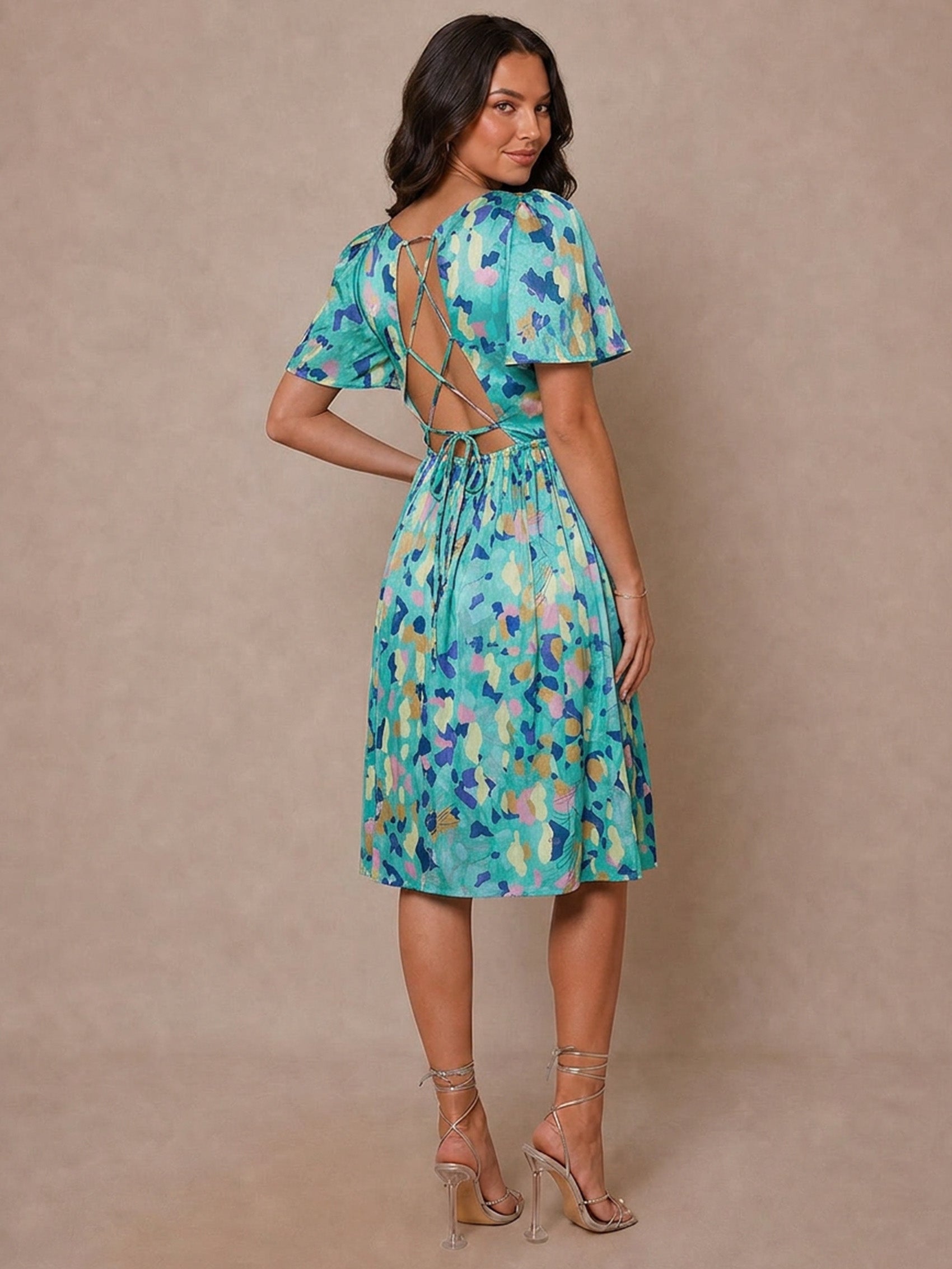 Square Neck Abstract Satin Mini Dress in Green