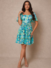 Square Neck Abstract Satin Mini Dress in Green