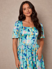 Square Neck Abstract Satin Mini Dress in Green