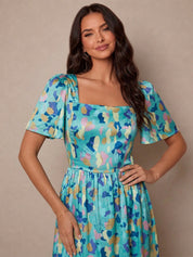 Square Neck Abstract Satin Mini Dress in Green