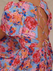 Petite Square Neck Floral Midi Dress in Blue