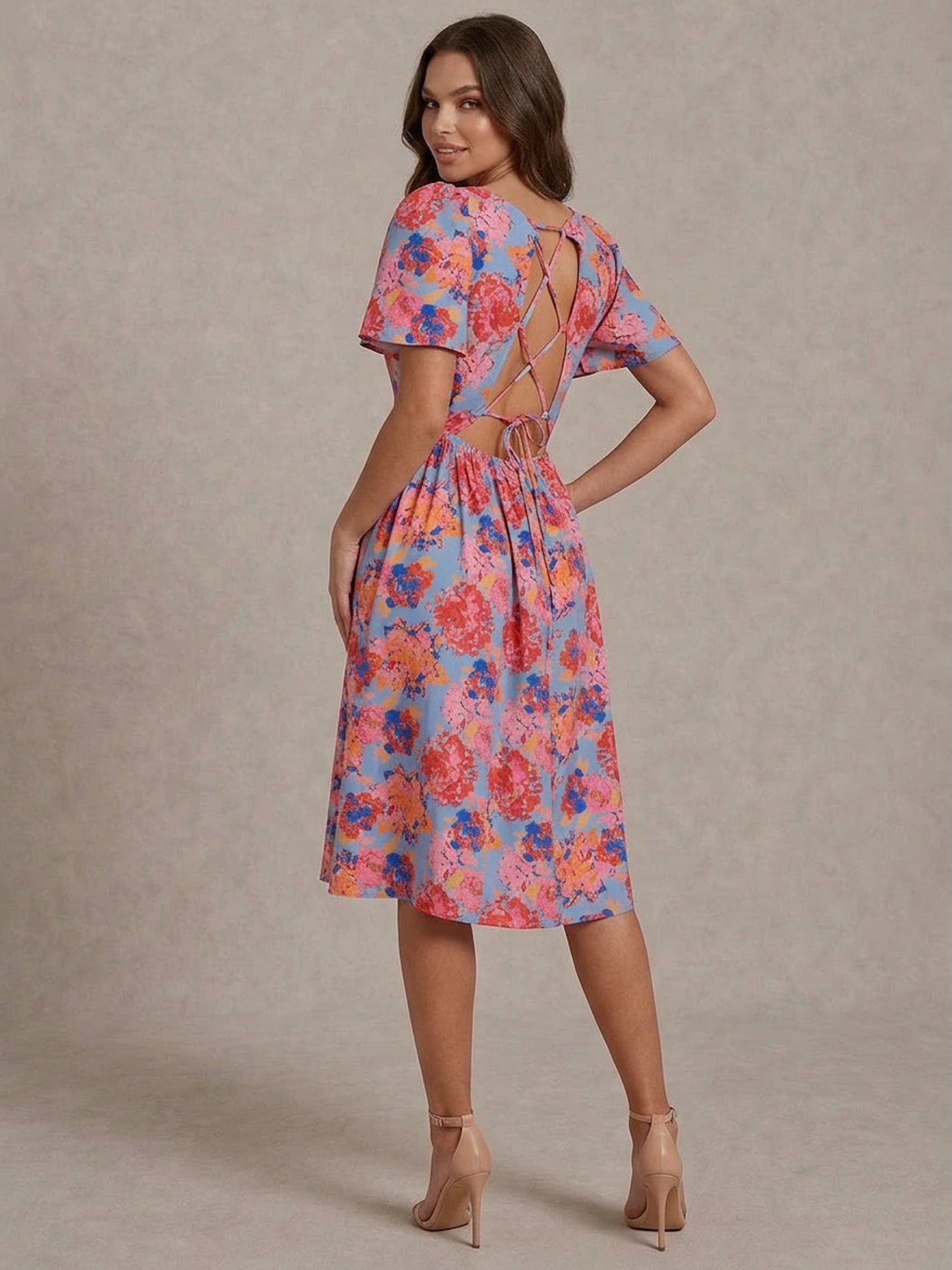 Square Neck Floral Midi Dress in Blue