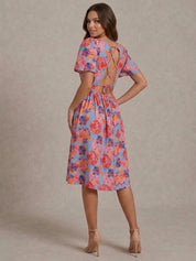 Square Neck Floral Midi Dress in Blue