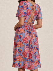 Petite Square Neck Floral Midi Dress in Blue