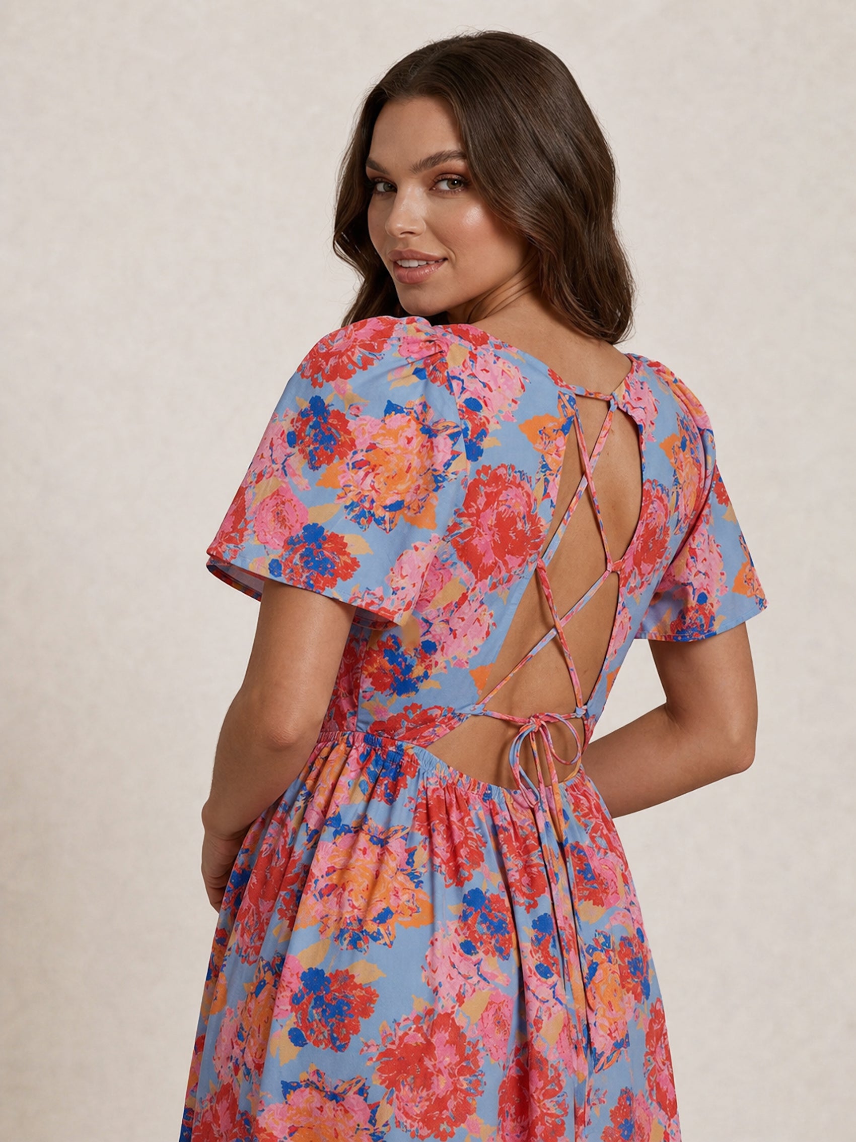 Petite Square Neck Floral Midi Dress in Blue