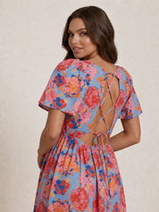 Petite Square Neck Floral Midi Dress in Blue