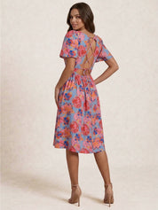 Petite Square Neck Floral Midi Dress in Blue