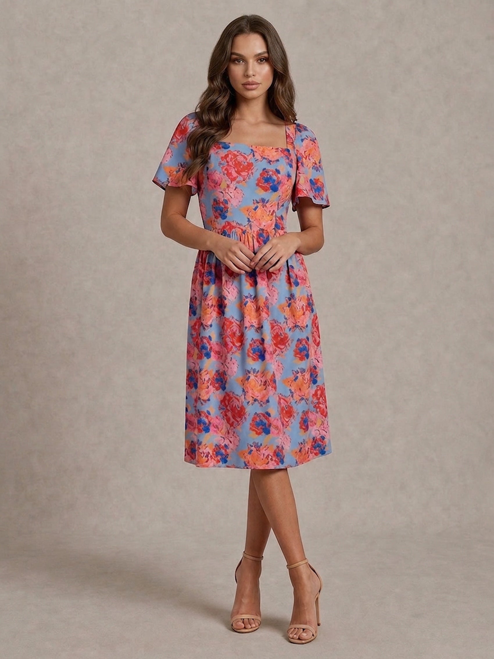 Square Neck Floral Midi Dress in Blue