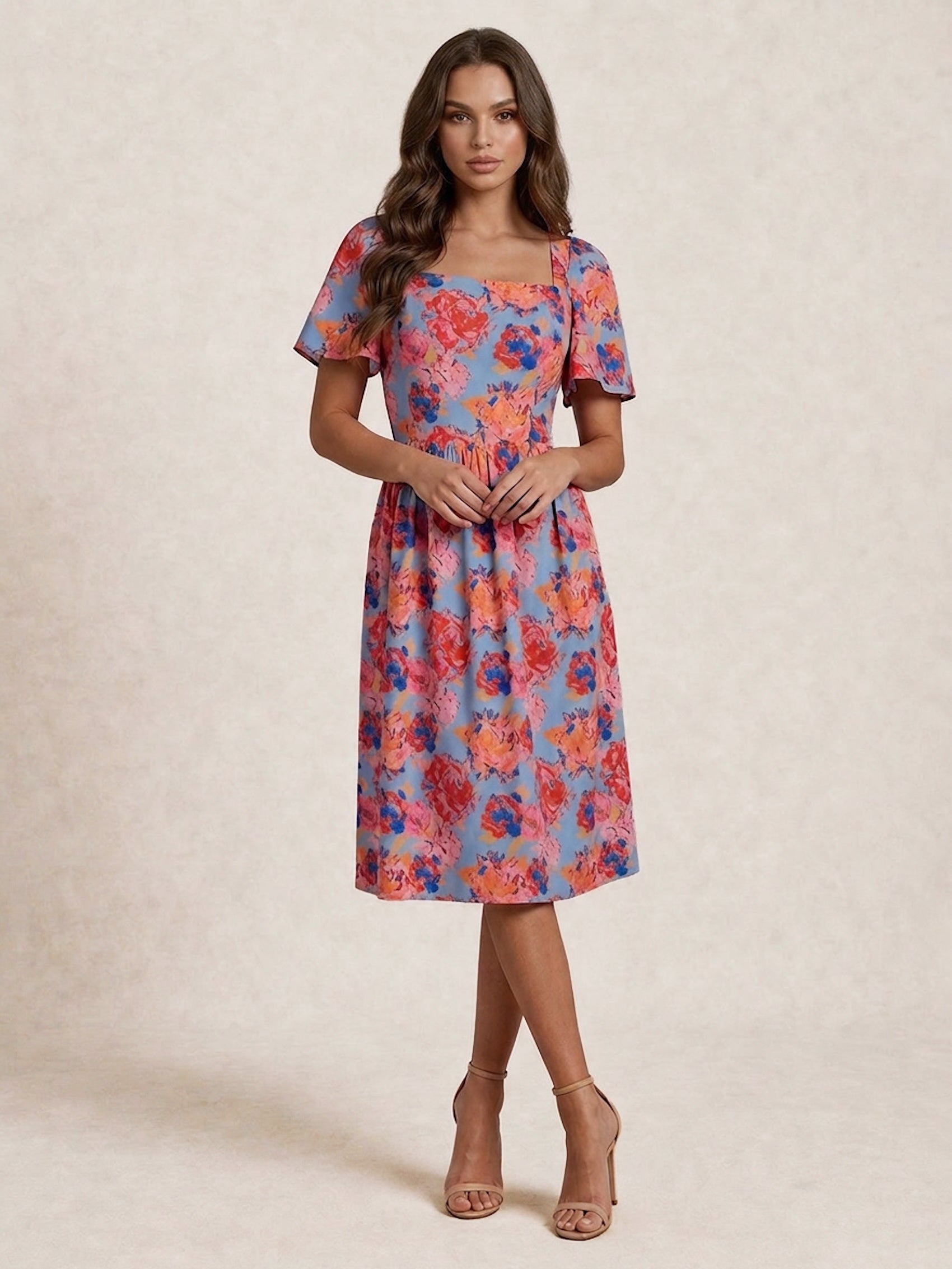 Petite Square Neck Floral Midi Dress in Blue
