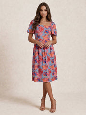 Petite Square Neck Floral Midi Dress in Blue