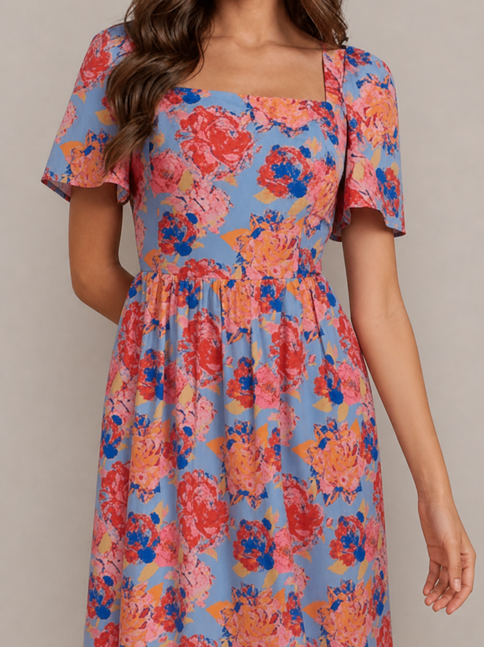 Square Neck Floral Midi Dress in Blue