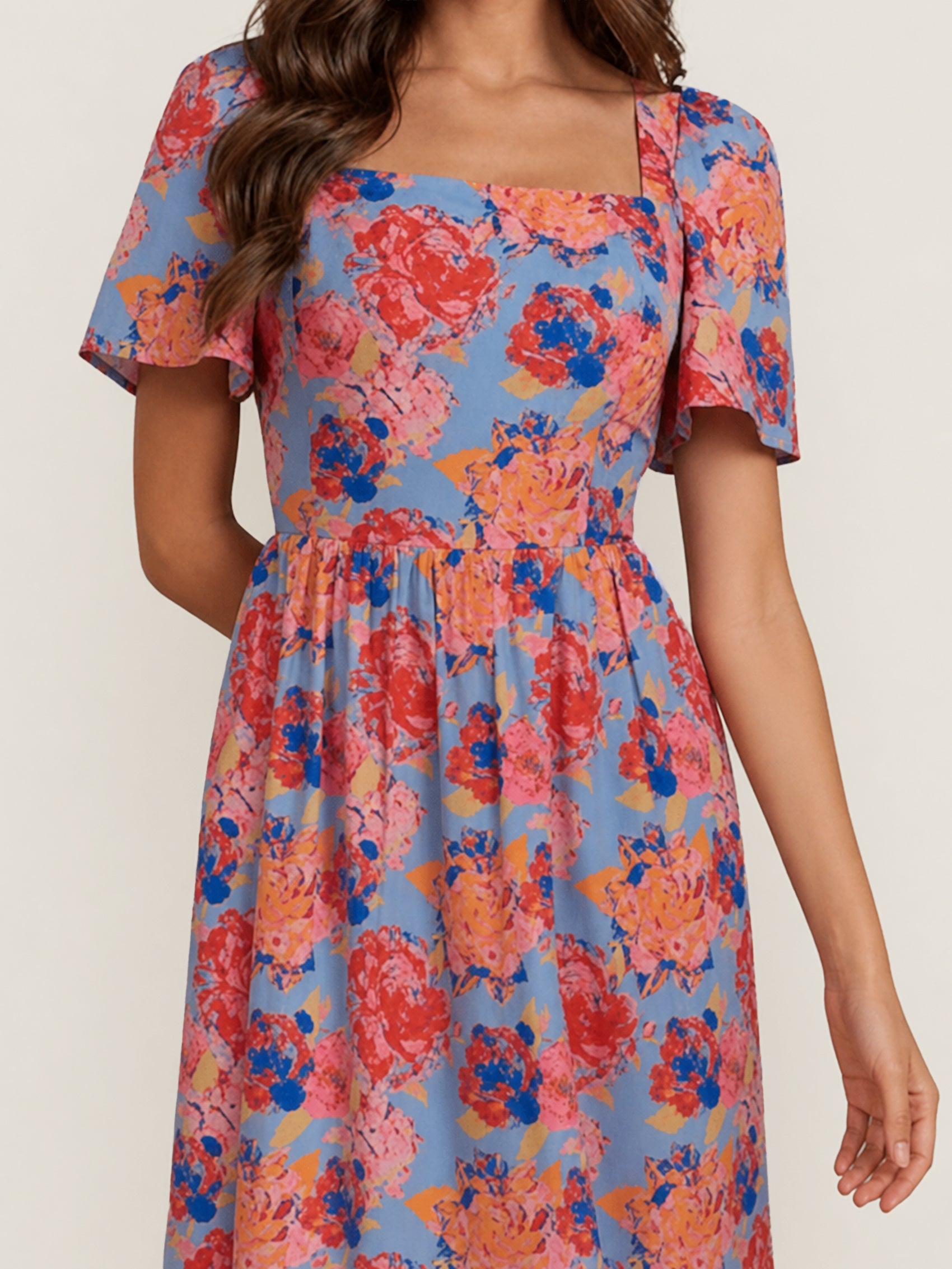 Petite Square Neck Floral Midi Dress in Blue