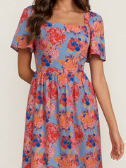 Petite Square Neck Floral Midi Dress in Blue