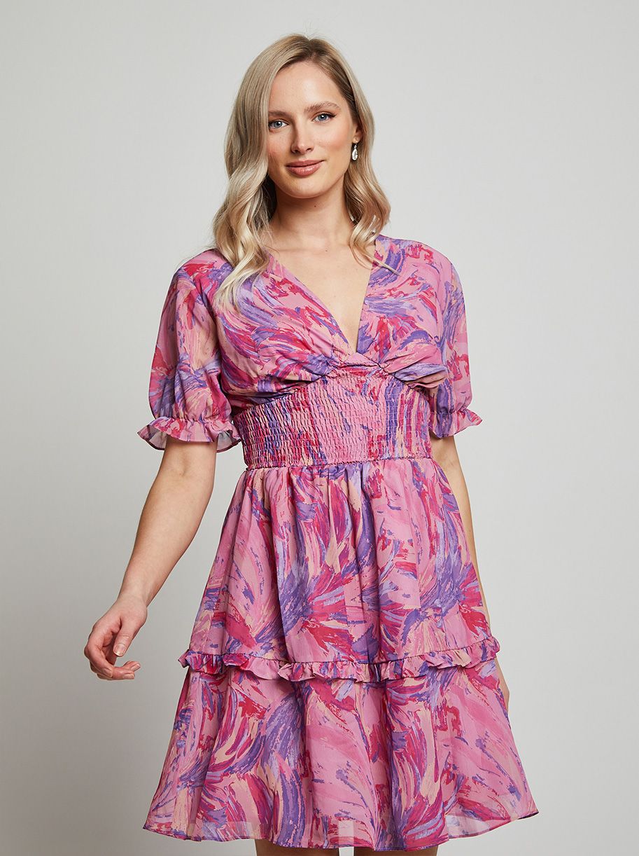 Puff Sleeve V Neck Tiered Abstract Midi Dress in Pink