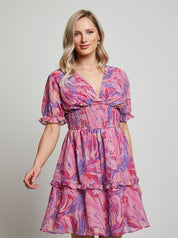 Puff Sleeve V Neck Tiered Abstract Midi Dress in Pink