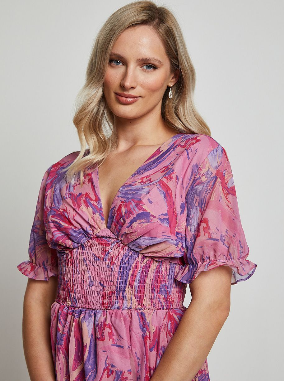 Puff Sleeve V Neck Tiered Abstract Midi Dress in Pink