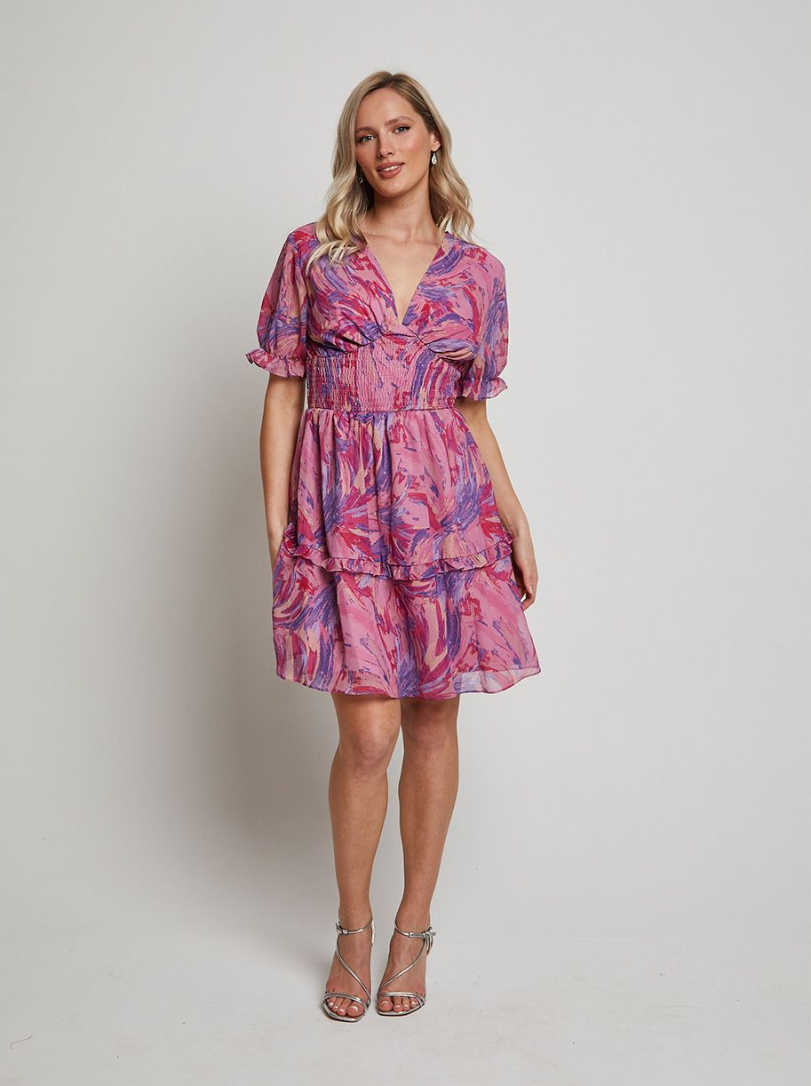 Puff Sleeve V Neck Tiered Abstract Midi Dress in Pink