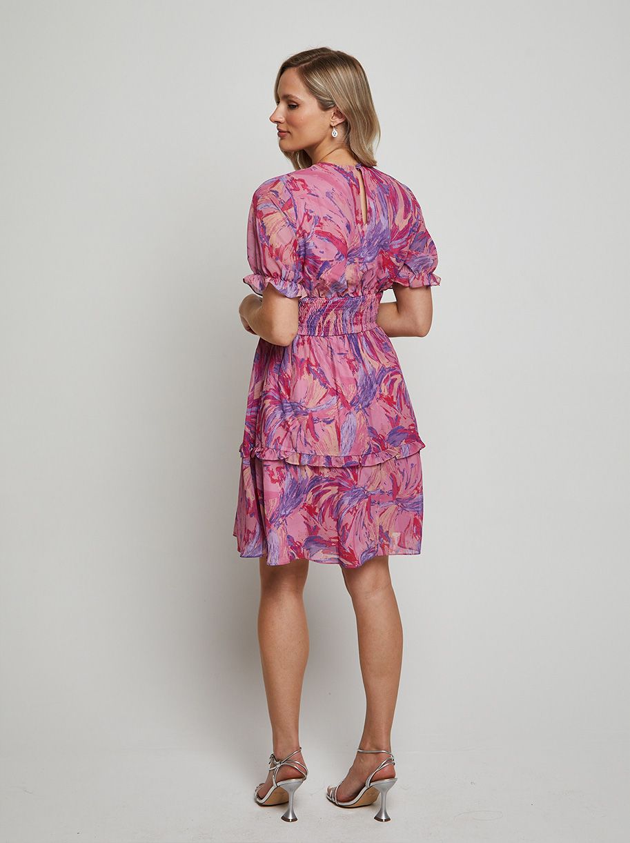 Puff Sleeve V Neck Tiered Abstract Midi Dress in Pink