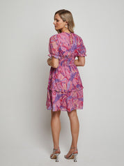 Puff Sleeve V Neck Tiered Abstract Midi Dress in Pink