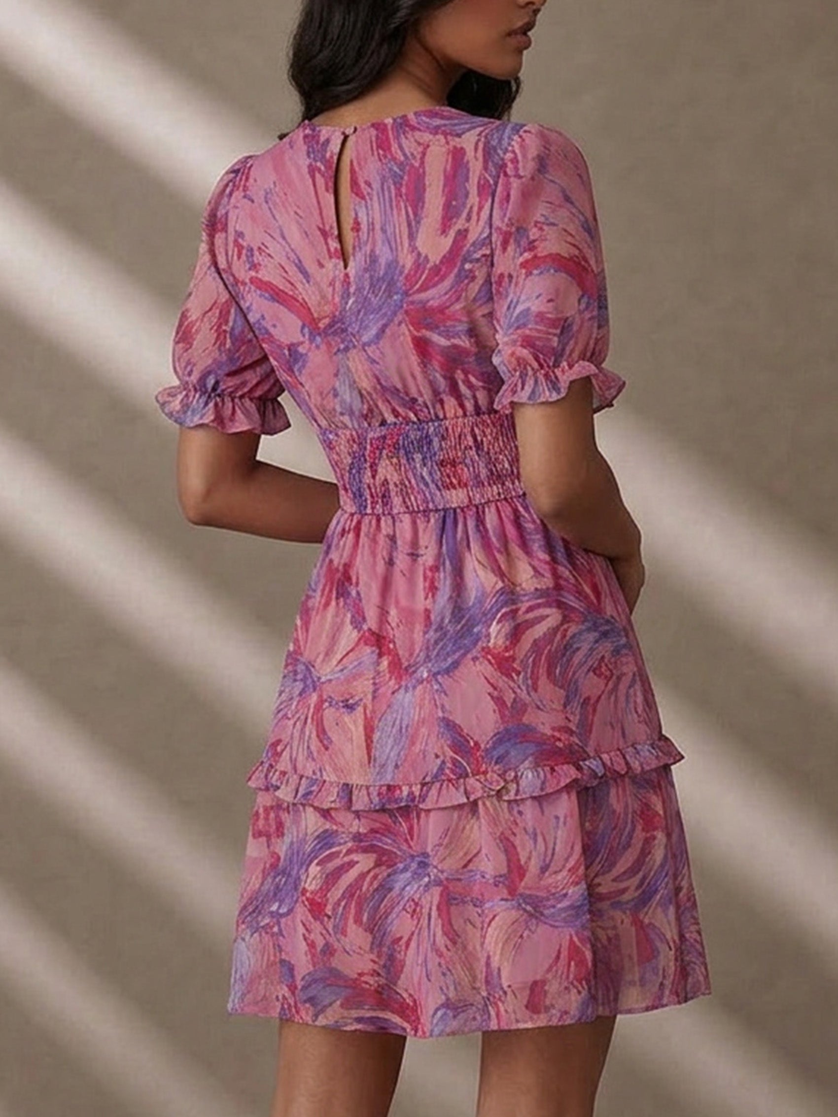 Puff Sleeve V Neck Tiered Abstract Mini Dress in Pink
