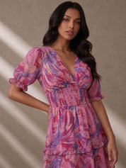 Puff Sleeve V Neck Tiered Abstract Mini Dress in Pink