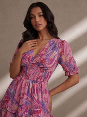 Puff Sleeve V Neck Tiered Abstract Mini Dress in Pink
