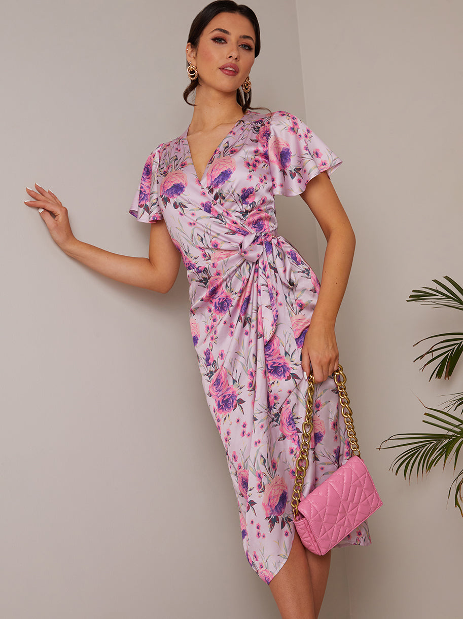 Short Sleeve V Neck Floral Midi Dress in Purple