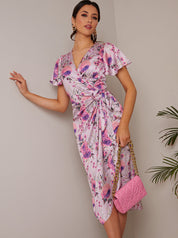 Short Sleeve V Neck Floral Midi Dress in Purple