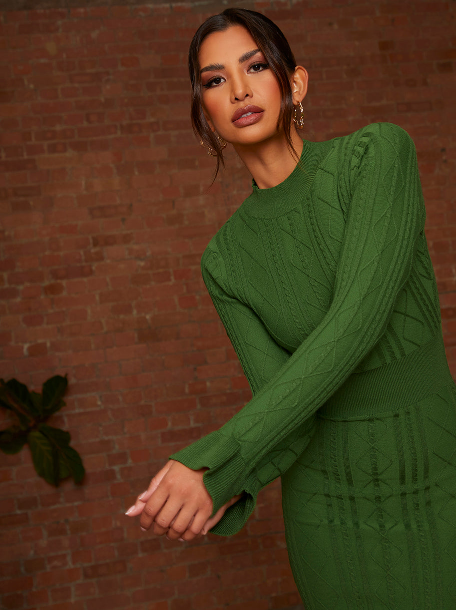 Cable Knit Ruffle Detail Midi Dress in Green | Chi Chi London UK Cable Knit Ruffle Detail Midi Dress in Green | Chi Chi London UK